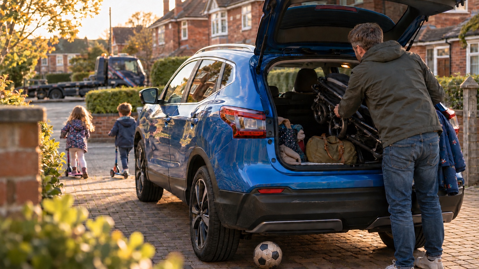 Family loading a blue SUV while children play on scooters